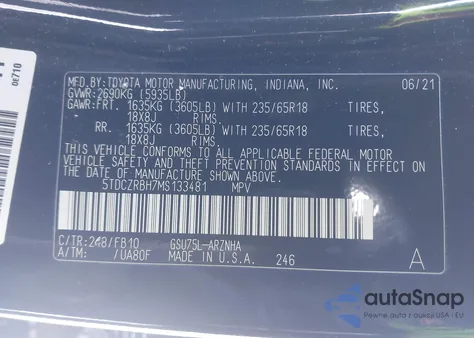 2021 Toyota Highlander L from USA, damaged, VIN 5TDCZRBH7MS133481